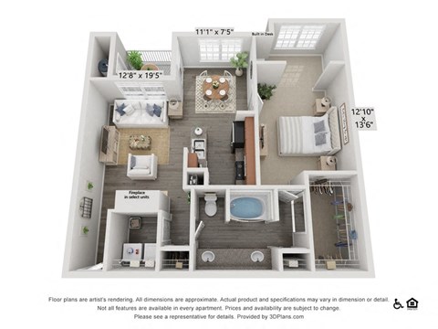 Floor plan for 1 bed, 1 bath, 913 sqft